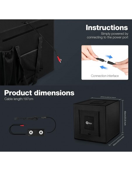 CAJA DE LUZ ESTUDIO FOTOGRÁFICO PORTÁTIL 60X60X60CM CON 3 TIRAS LUZ LED